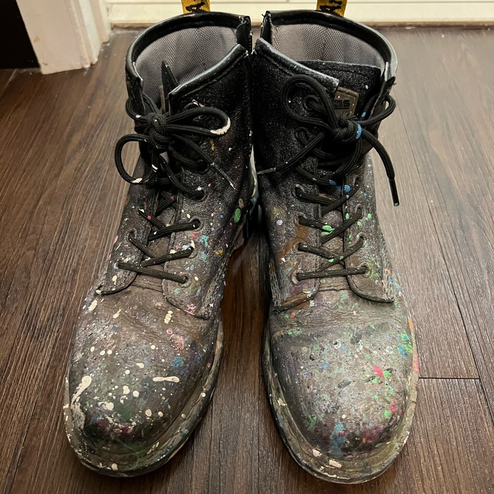 Industrial Steel Toe Doc Martens Boots covered in paint